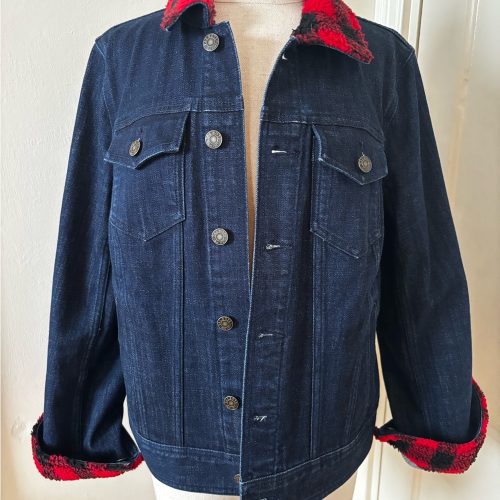 Talbots Denim Jacket with Red Plaid Accents